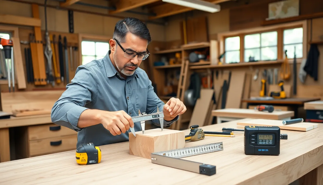 craftsman measuring wood in a tidy workshop.