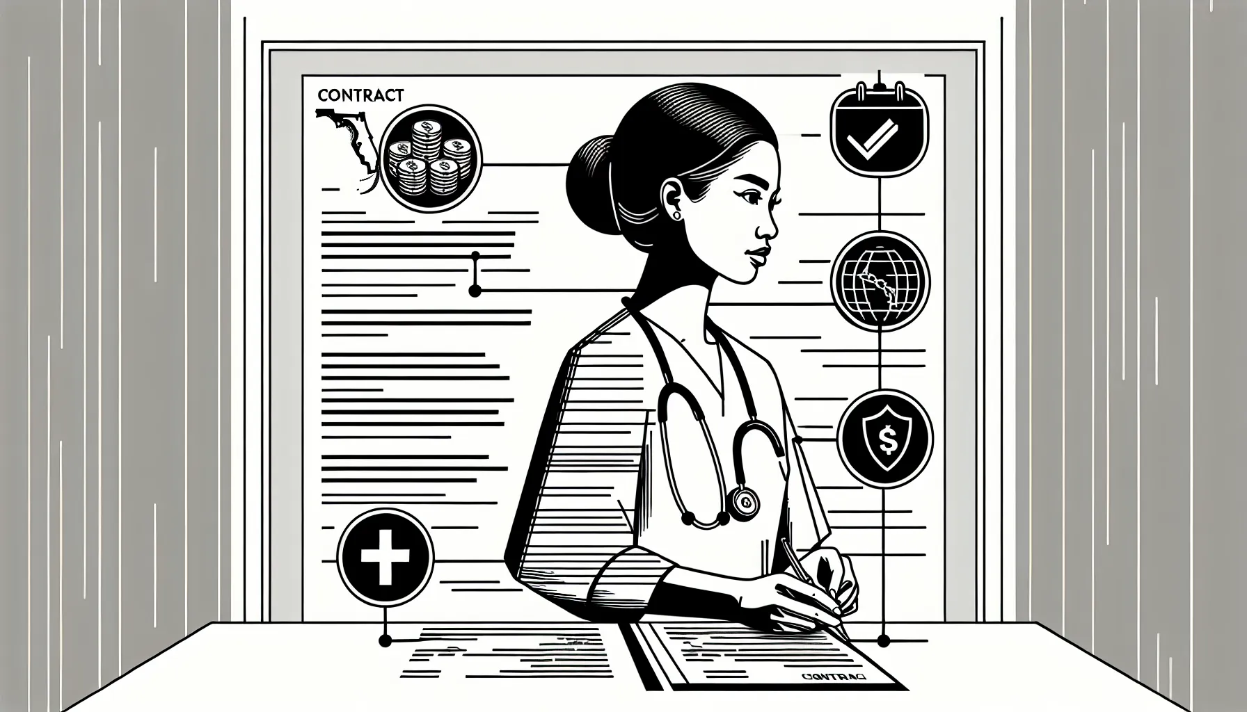 Veterinarian at desk reviewing a contract with icons for pay, schedule, insurance, and noncompete.