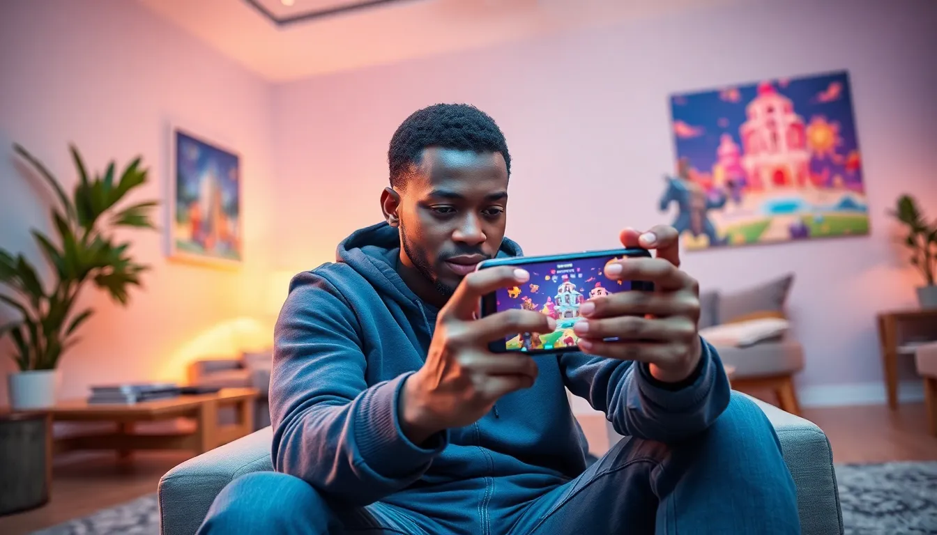 individual playing CaladriusAPK20192 on a smartphone in a cozy setting.