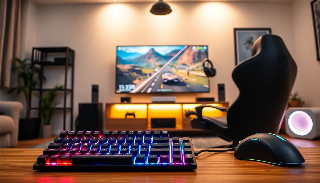 A modern gaming setup featuring essential gadgets like a keyboard, mouse, and headset.