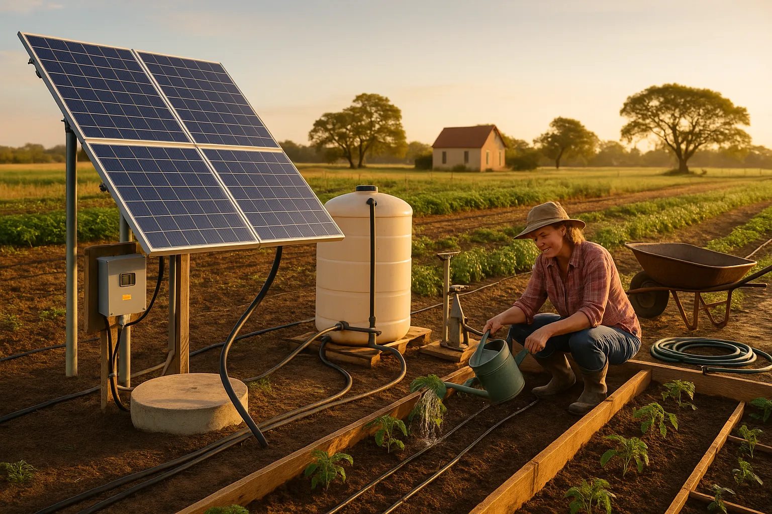 Solar-powered pump and woman manually watering vegetable beds at dawn.