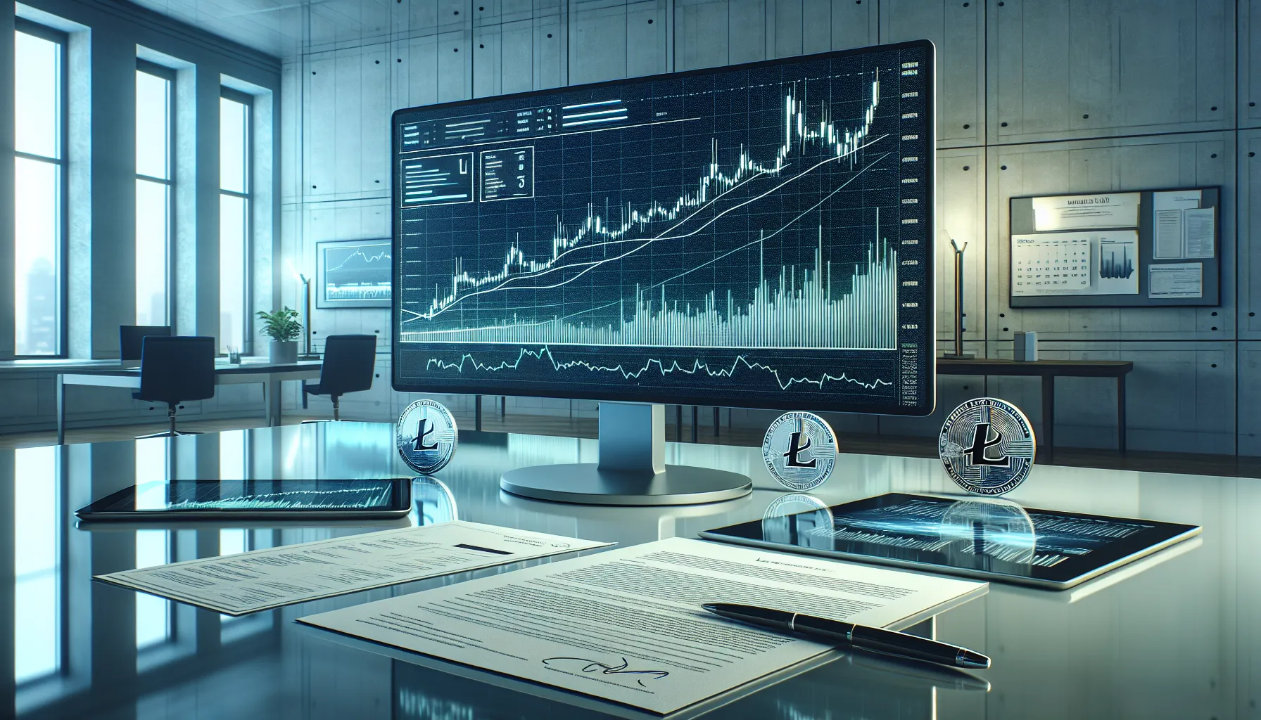 Professional desk displaying Litecoin price chart on monitor with regulatory documents and financial analysis tools.