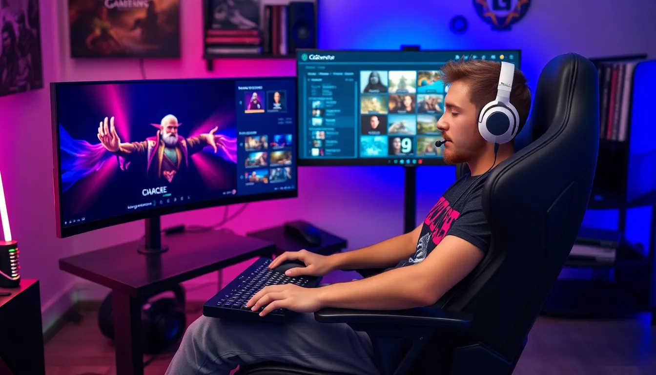 A gamer using CK2Generator for character creation on a computer.