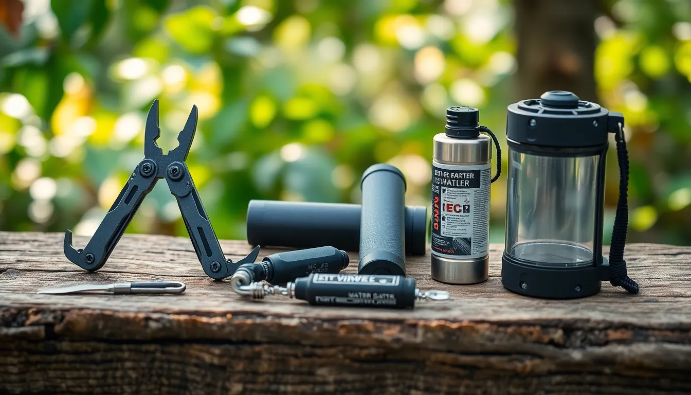 collection of survival gadgets on a wooden surface.