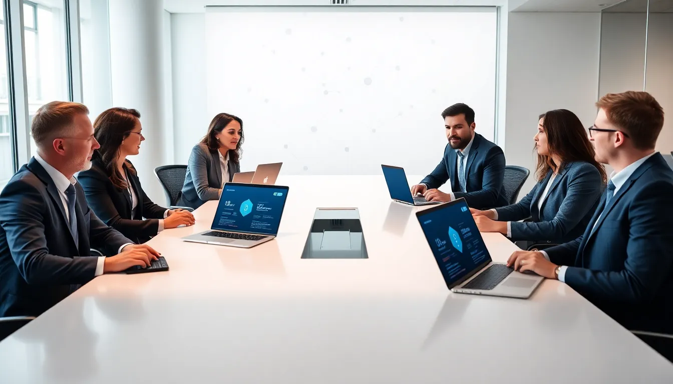 professionals discussing blockchain integration in a modern office.