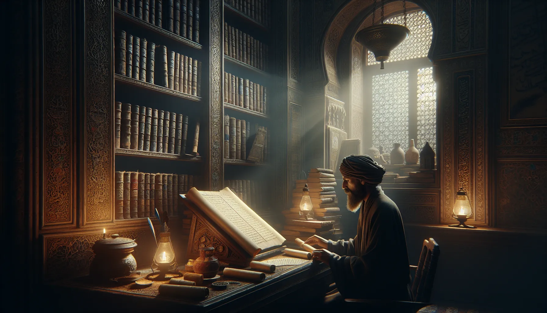 A person reading ancient manuscripts in a historical study setting.