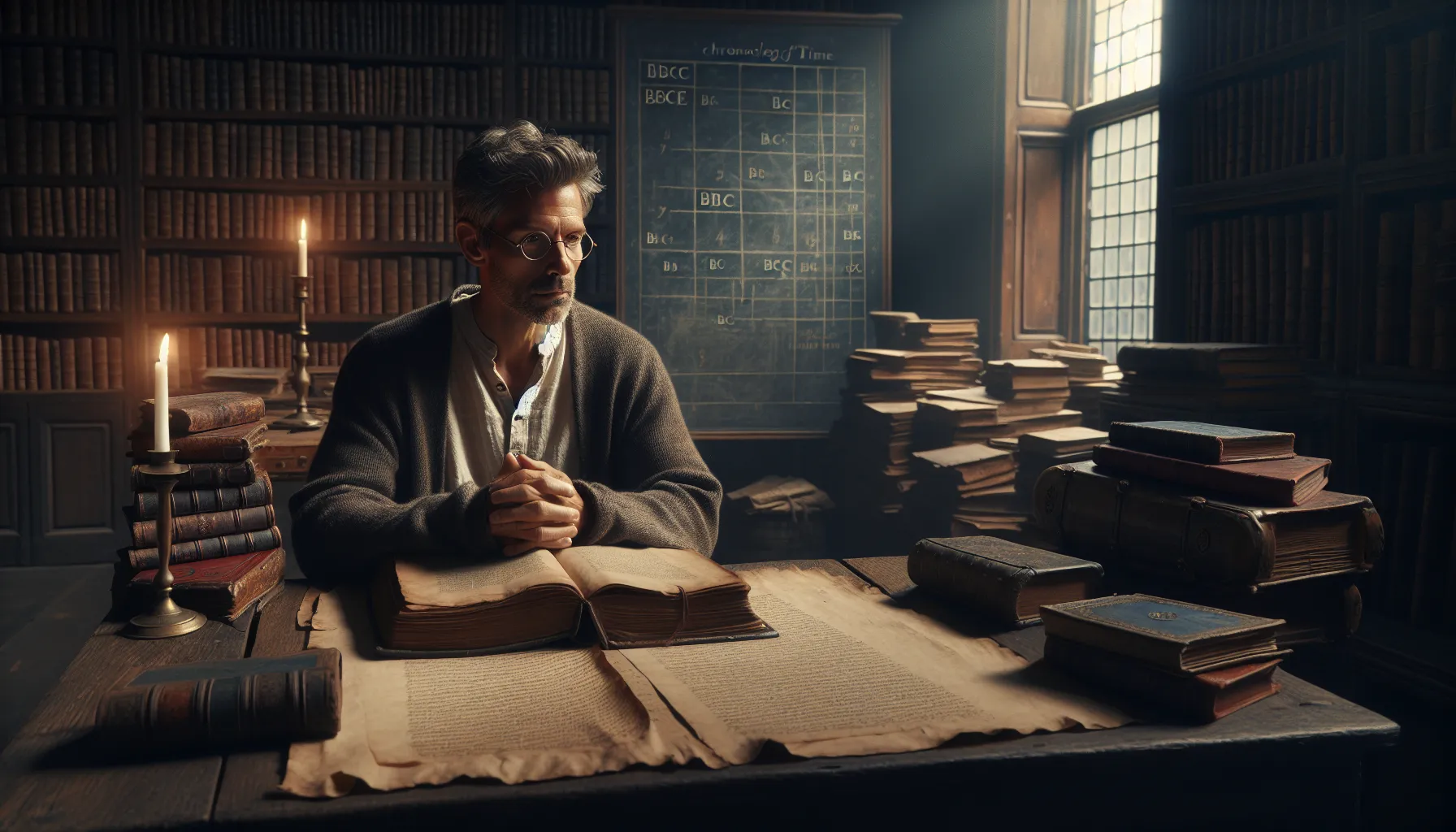 A scholar studying historical texts on BC and BCE at a wooden desk.