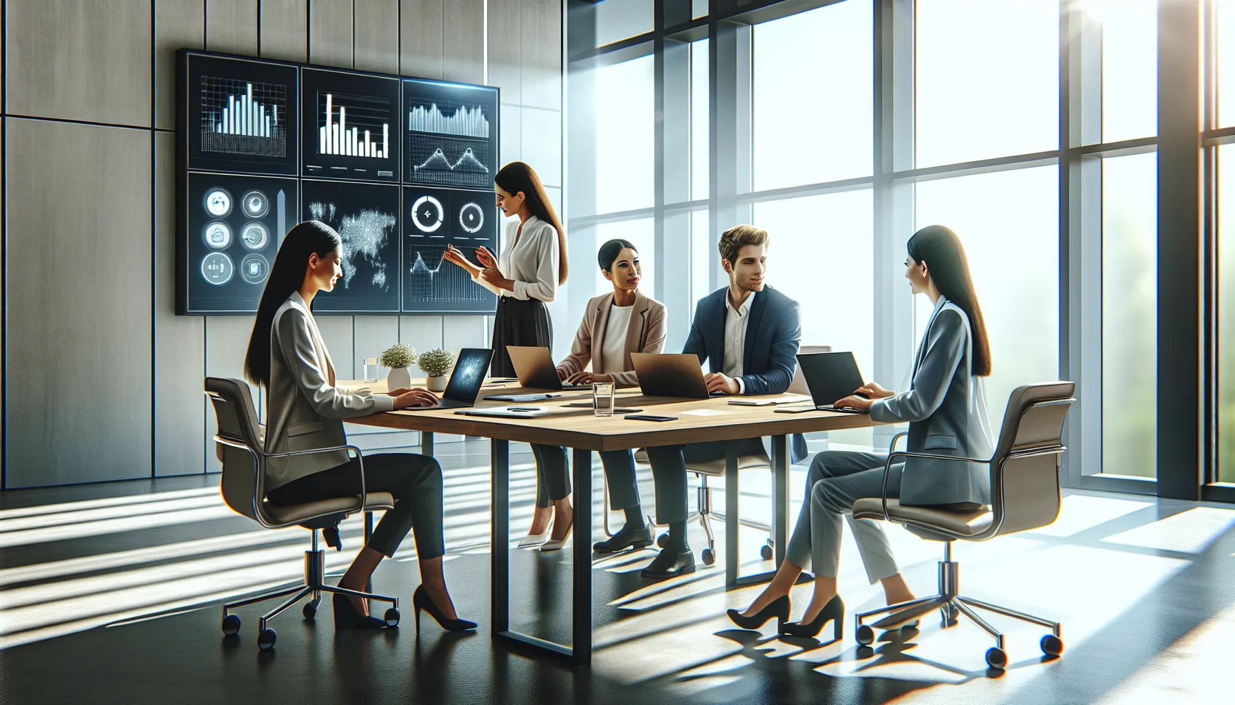 team collaborating on digital report generation in a modern office.