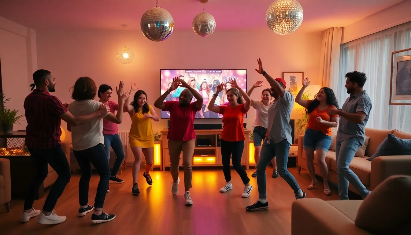 diverse group dancing joyfully in a modern living room.
