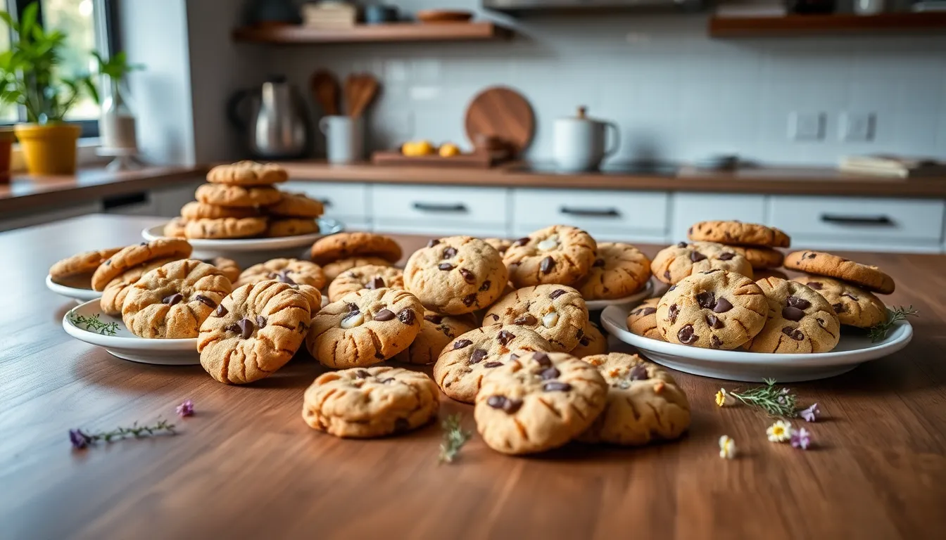 a variety of gourmet cookies displayed on a wooden table.
