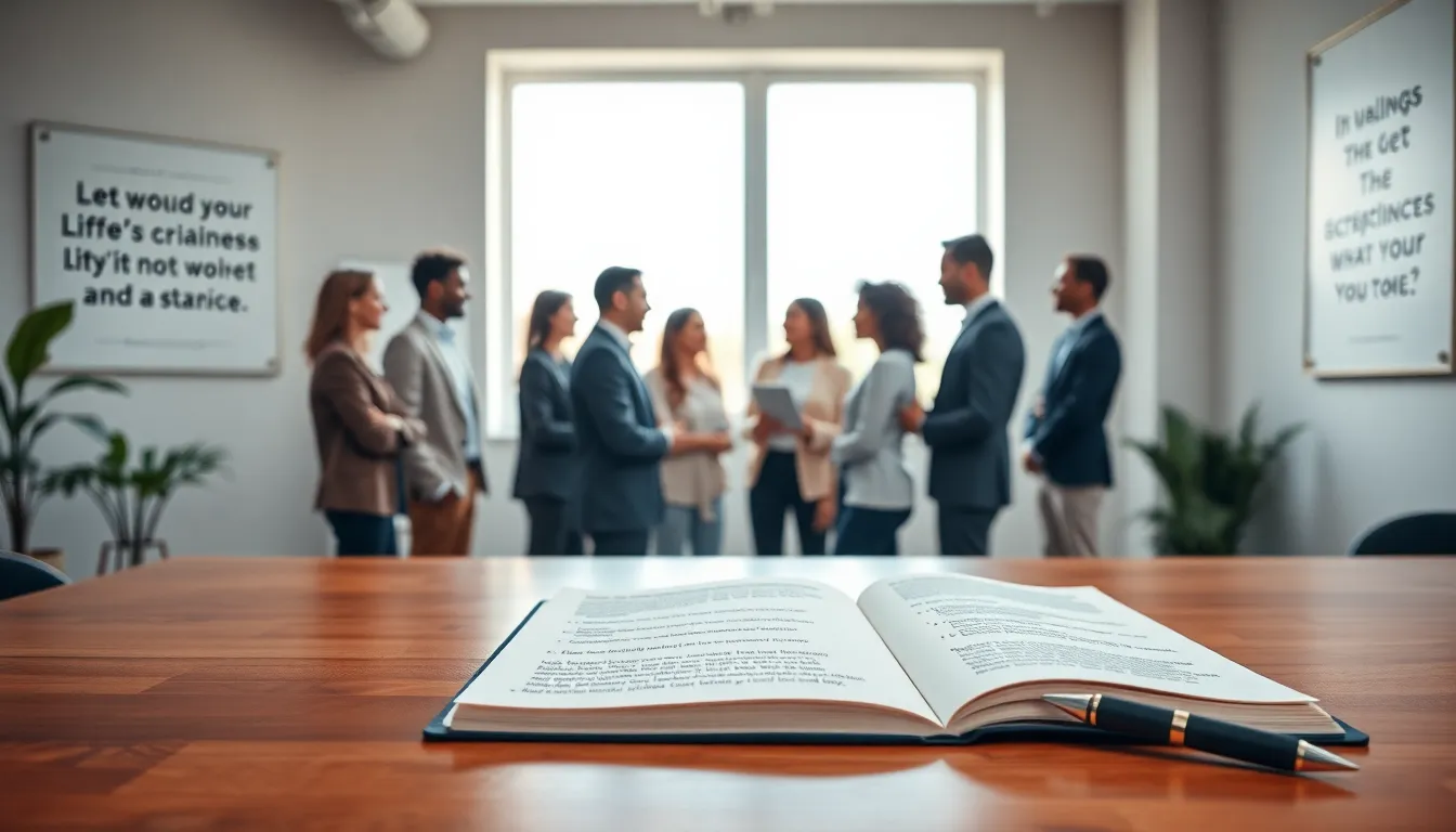 diverse professionals discussing life happens quotes in a modern office.