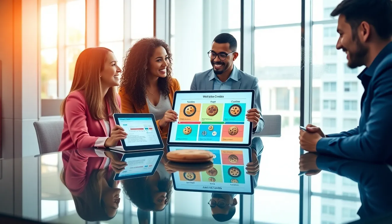 professionals discussing website cookies in a modern office setting.