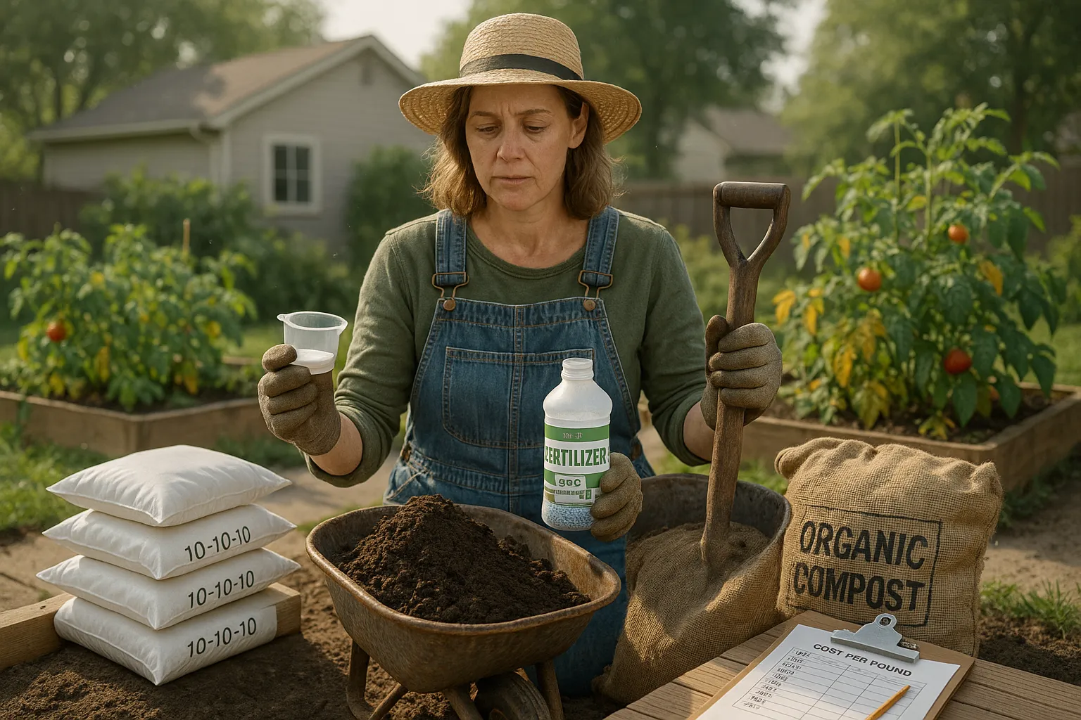 Gardener comparing synthetic fertilizer bottle and scoop with a wheelbarrow of compost.