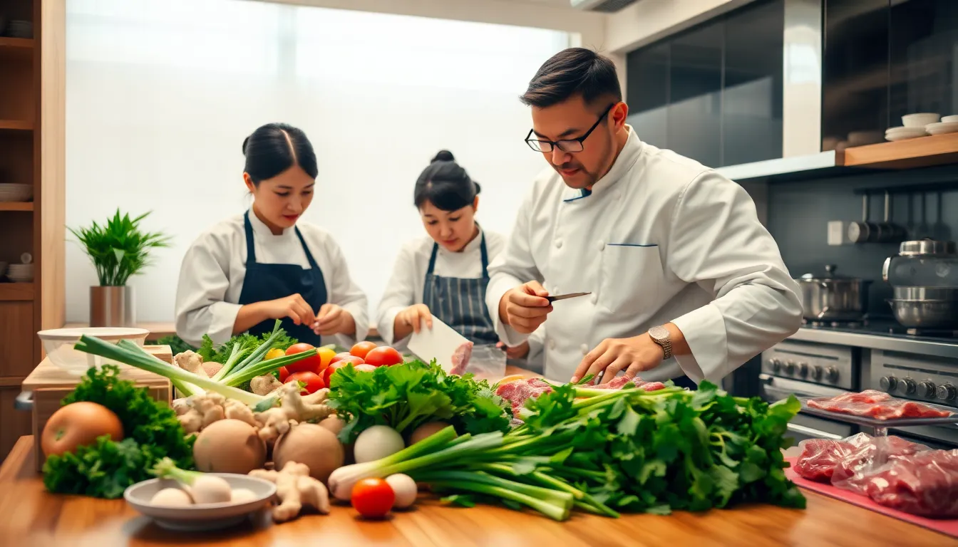 chefs collaborating in a modern kitchen with fresh ingredients.