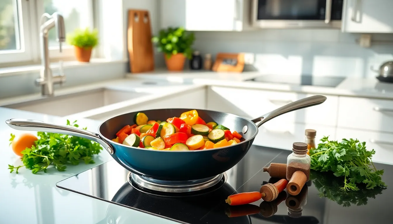 skillet with colorful sautéed vegetables in a modern kitchen.