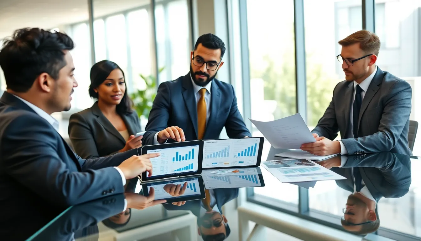 diverse financial advisors discussing retirement planning in a modern office.