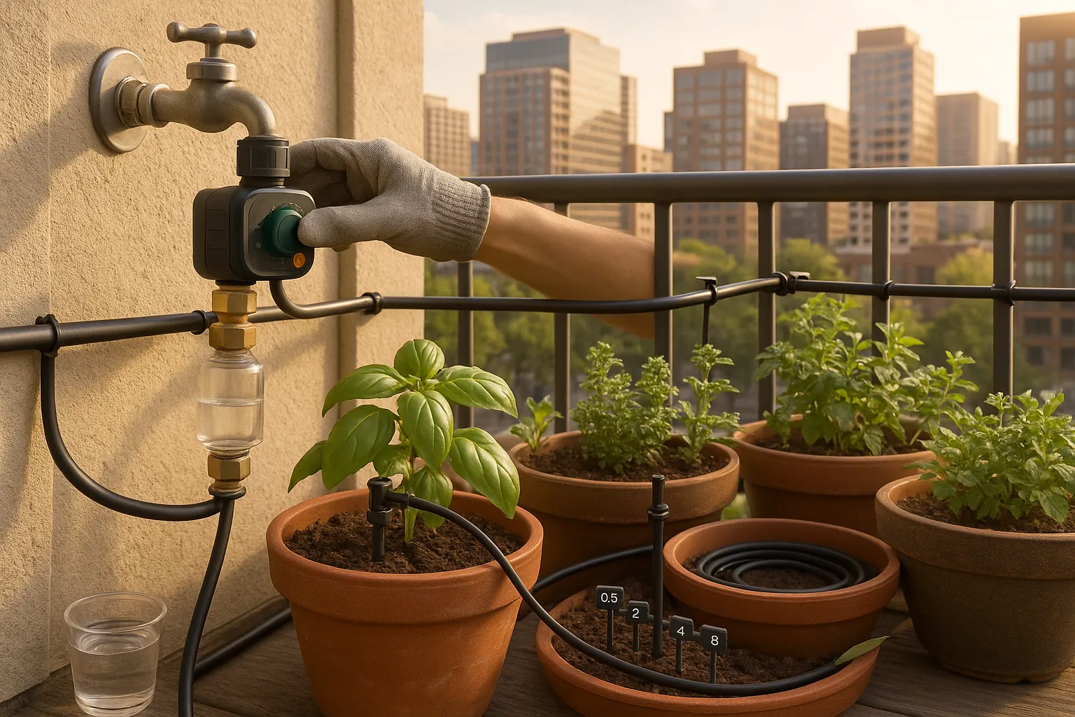 drip irrigation system installed on a high-rise balcony with emitters and timer
