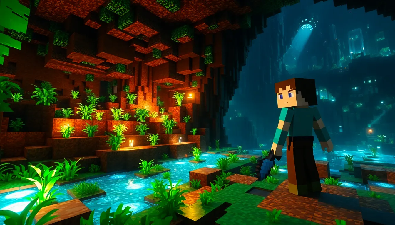 A player exploring a vibrant Minecraft lush cave and deep dark biome.