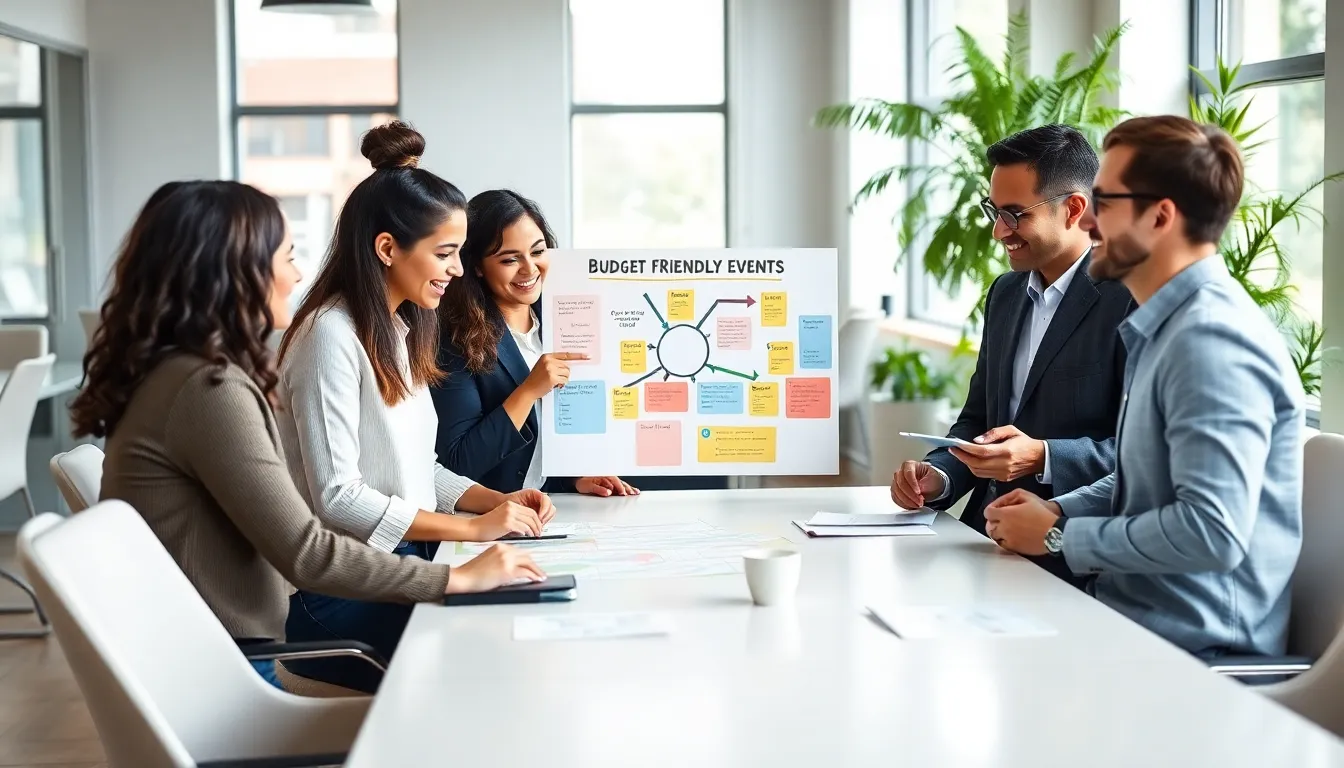 diverse team discussing budget-friendly event ideas in a modern workspace.