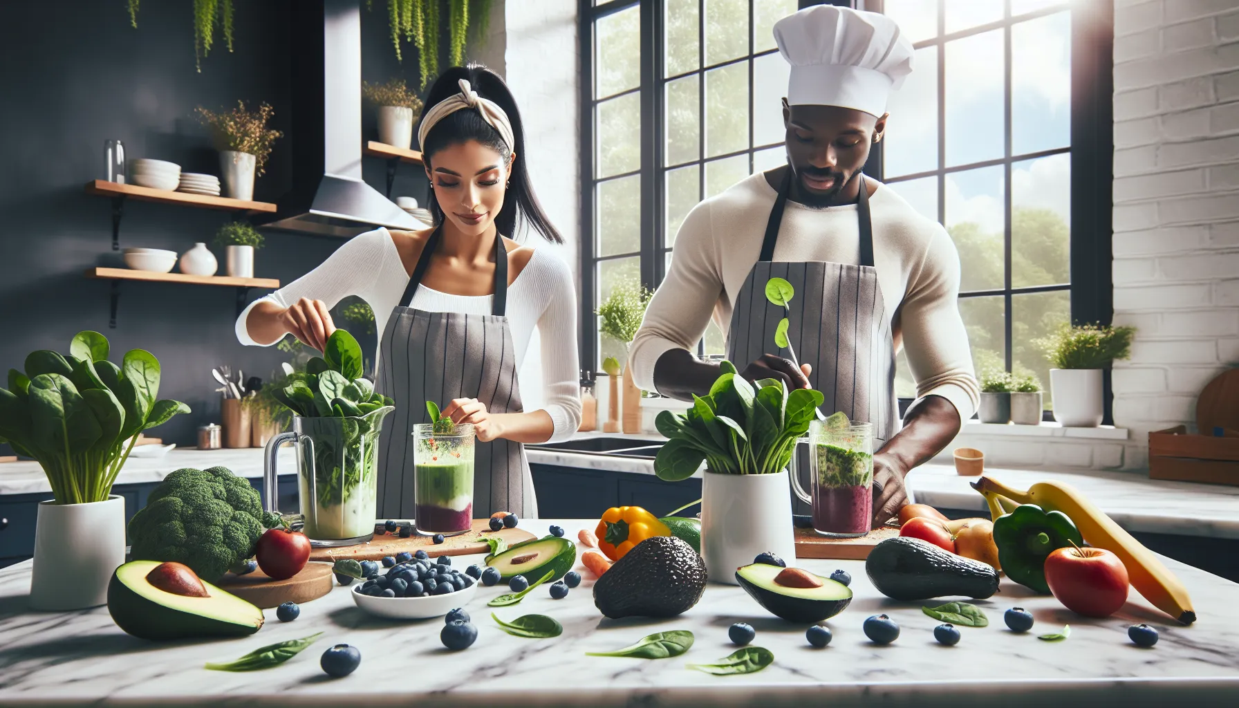 professionals preparing superfoods in a modern kitchen.