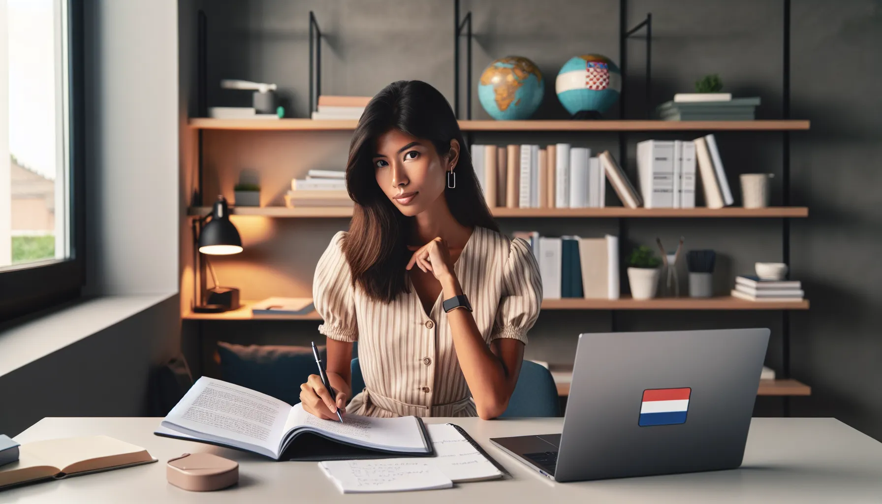 Person studying language grammar with laptop and notebook in a professional setting.