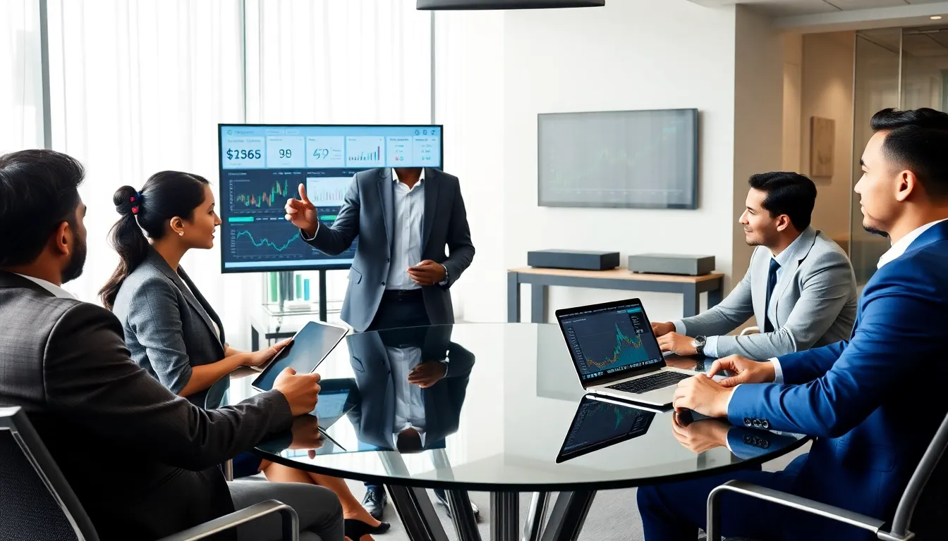 diverse professionals discussing cryptocurrency in a modern workspace.