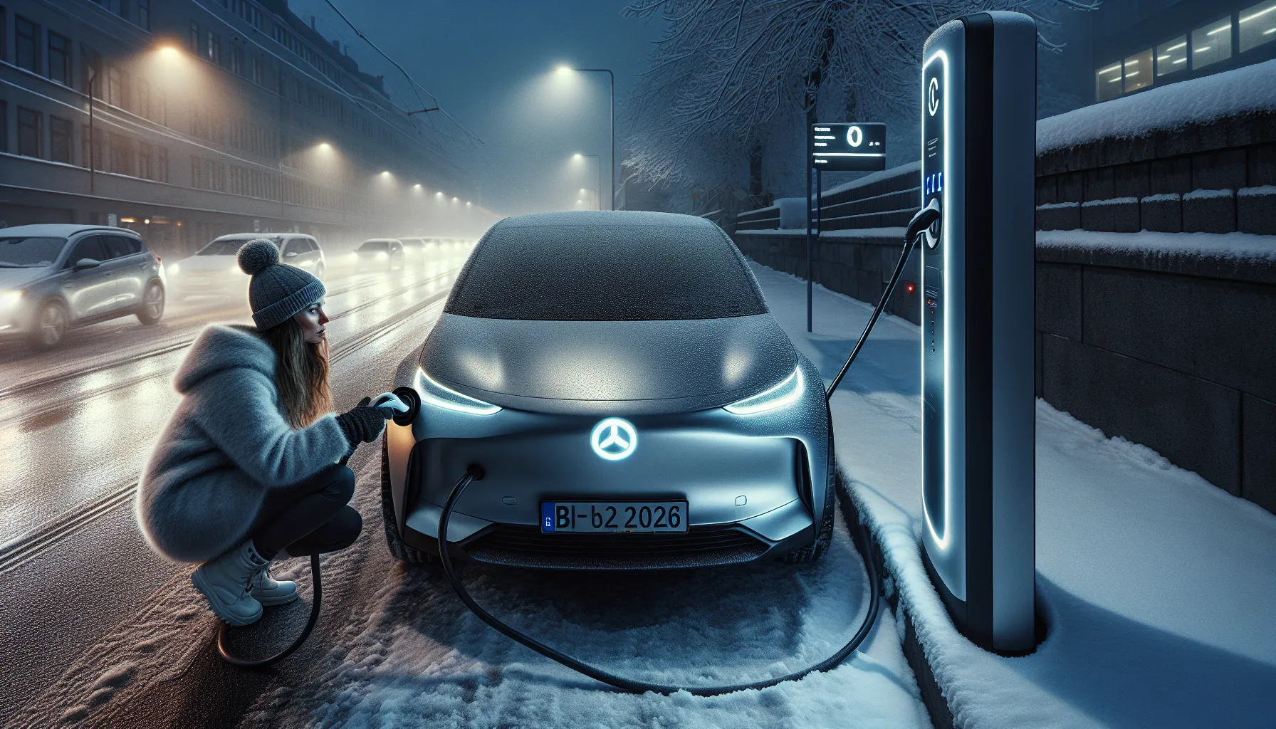 Woman charges a small electric car at a snowy curbside station in oslo.