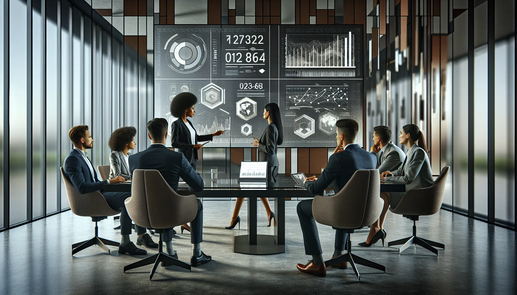 professionals discussing data management in a modern office.