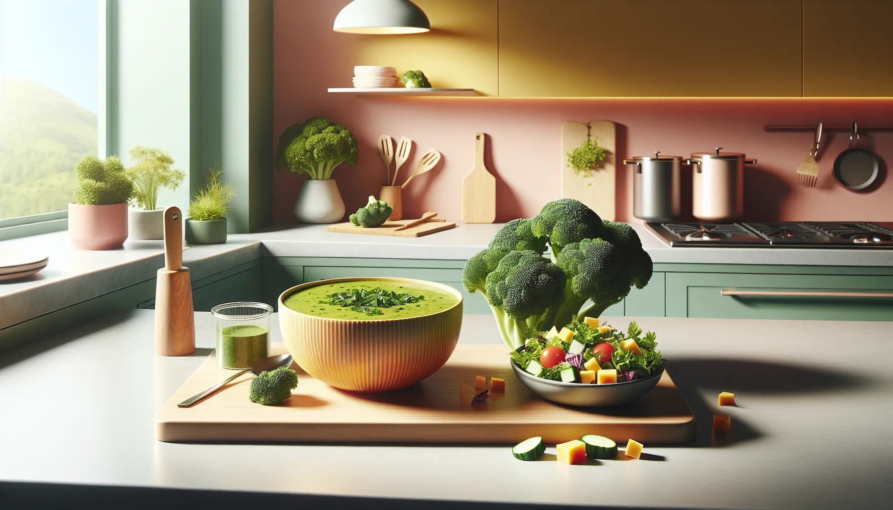 bowl of soup and a fresh salad in a modern kitchen.