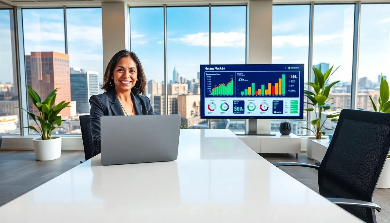 a professional woman in a modern office showcasing real estate data on a laptop.