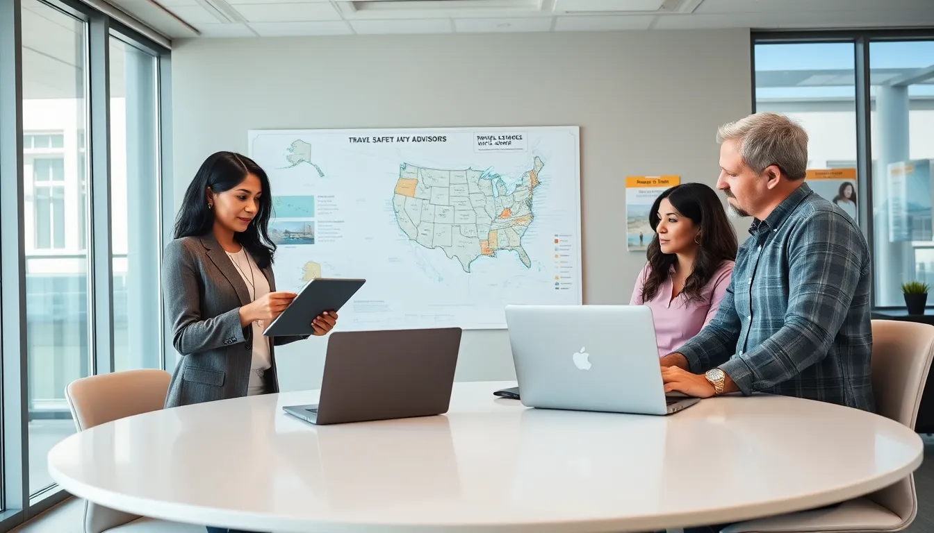 diverse team discussing travel safety in a modern office