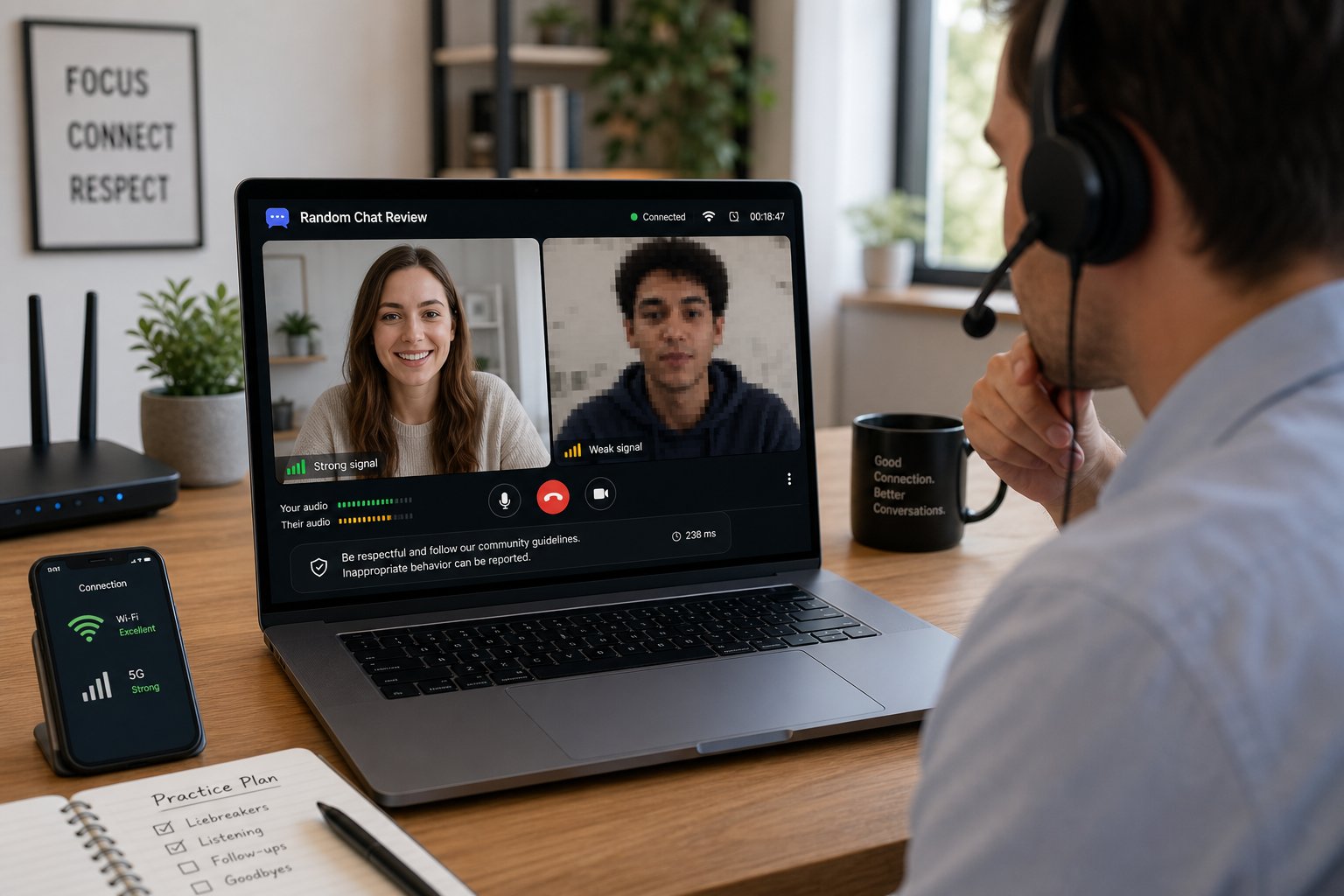 Professional on laptop video chat wearing headphones, showing connectivity and audio indicators.