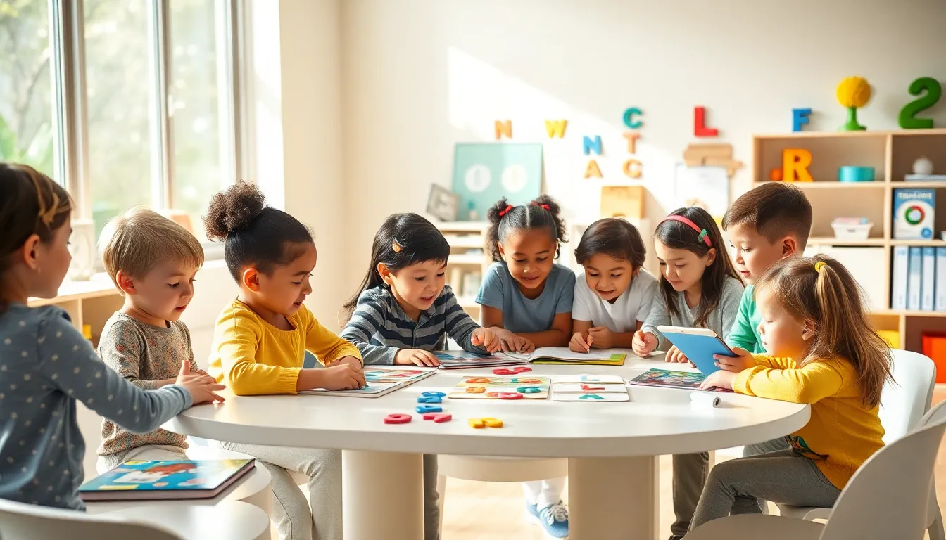 diverse children engaged in language learning activities in a bright classroom.
