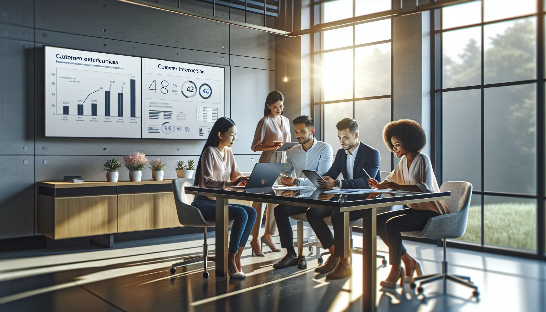 diverse team discussing customer service metrics in a modern office.