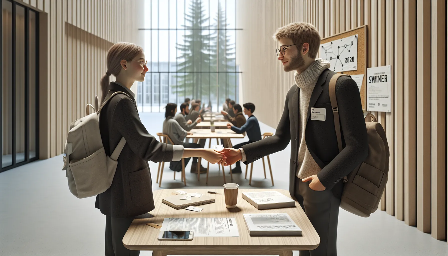 Student receives business card from mentor at norwegian campus career event.