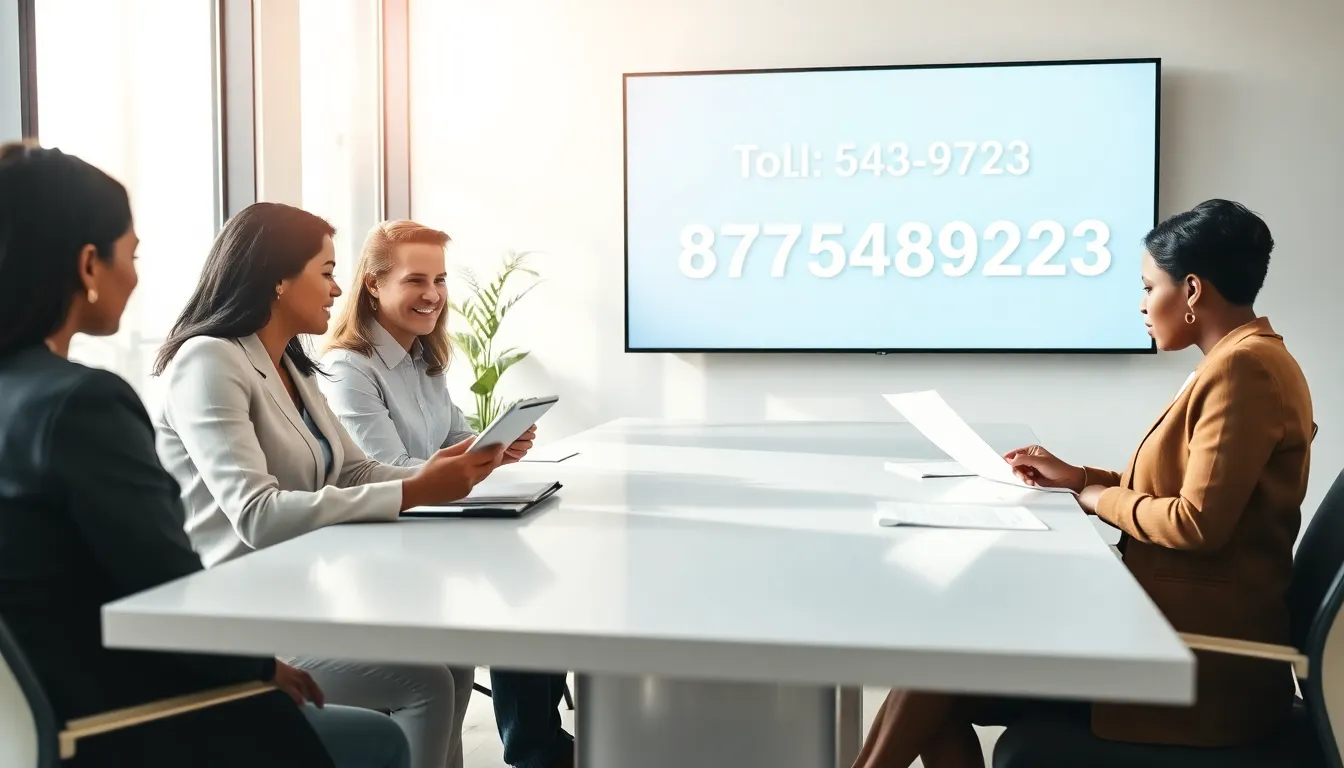 diverse team discussing toll-free number in a modern office.