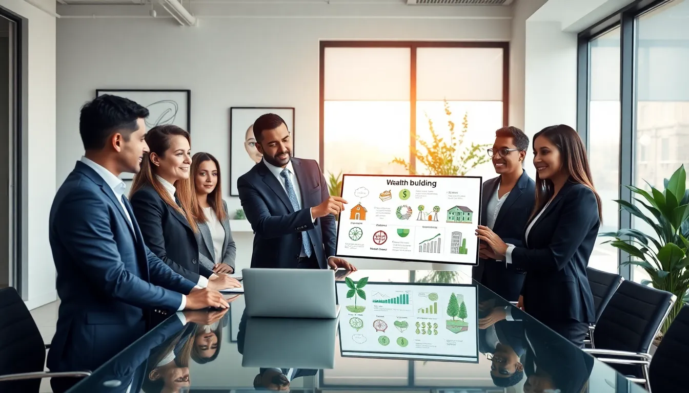 diverse professionals discussing wealth building strategies in a modern office.