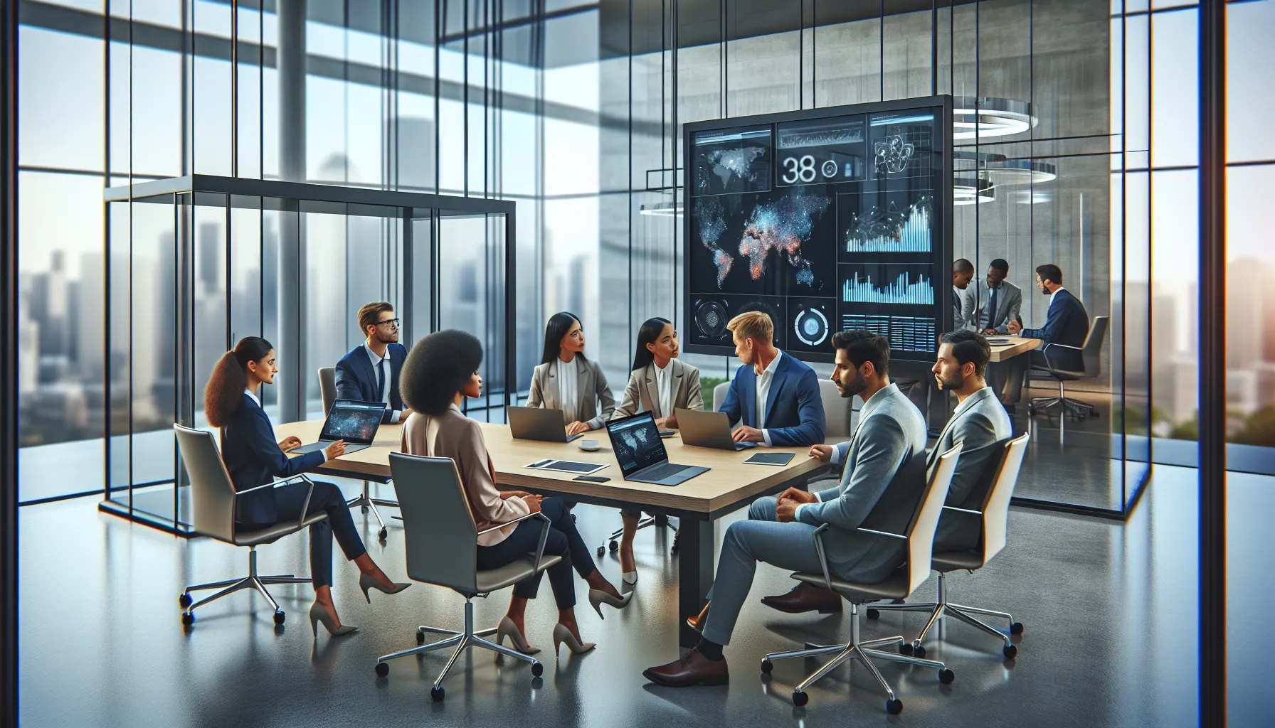 diverse professionals discussing data management in a modern office.