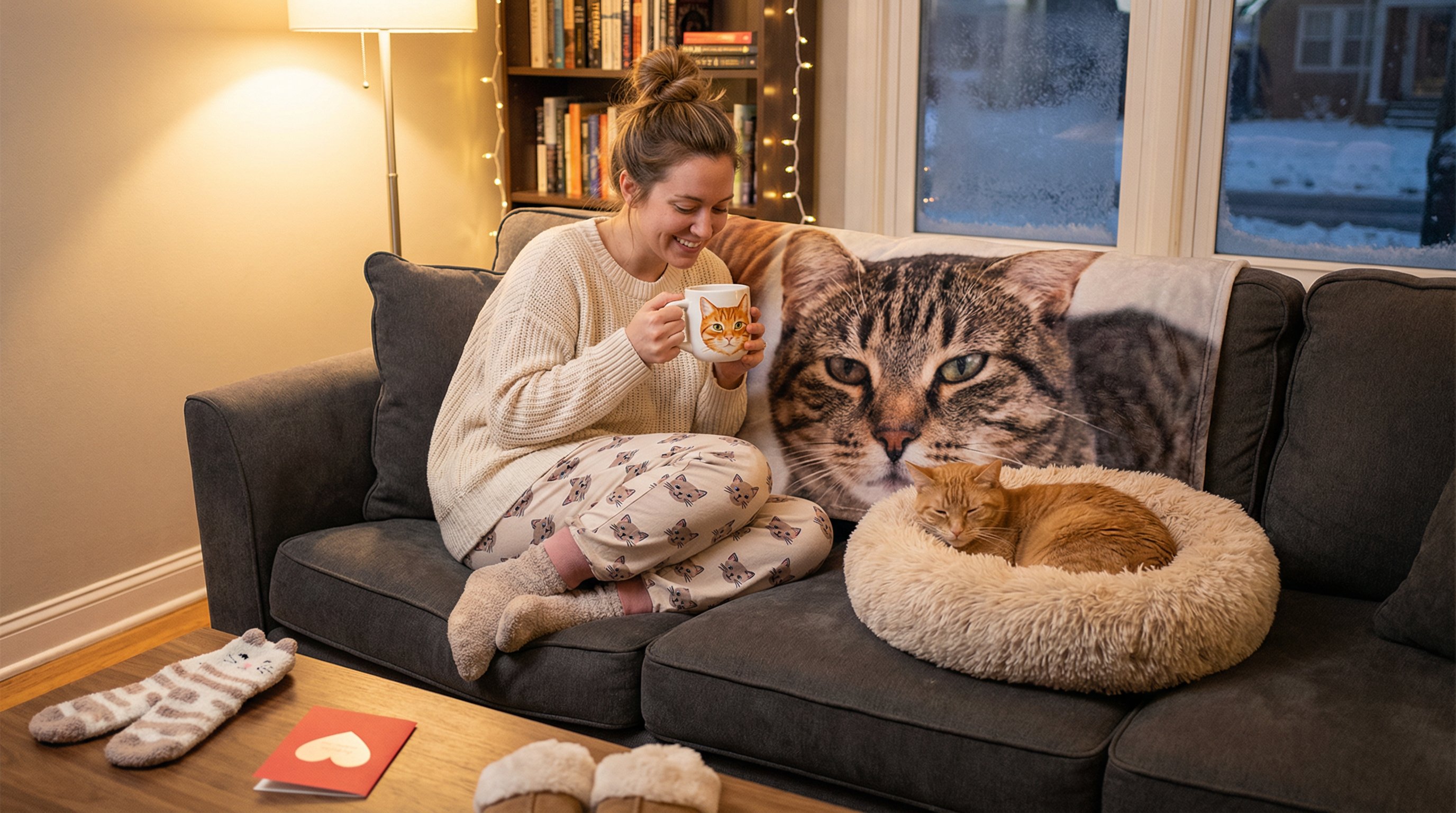 Woman snuggling with her cat on a couch wrapped in a cat photo blanket.