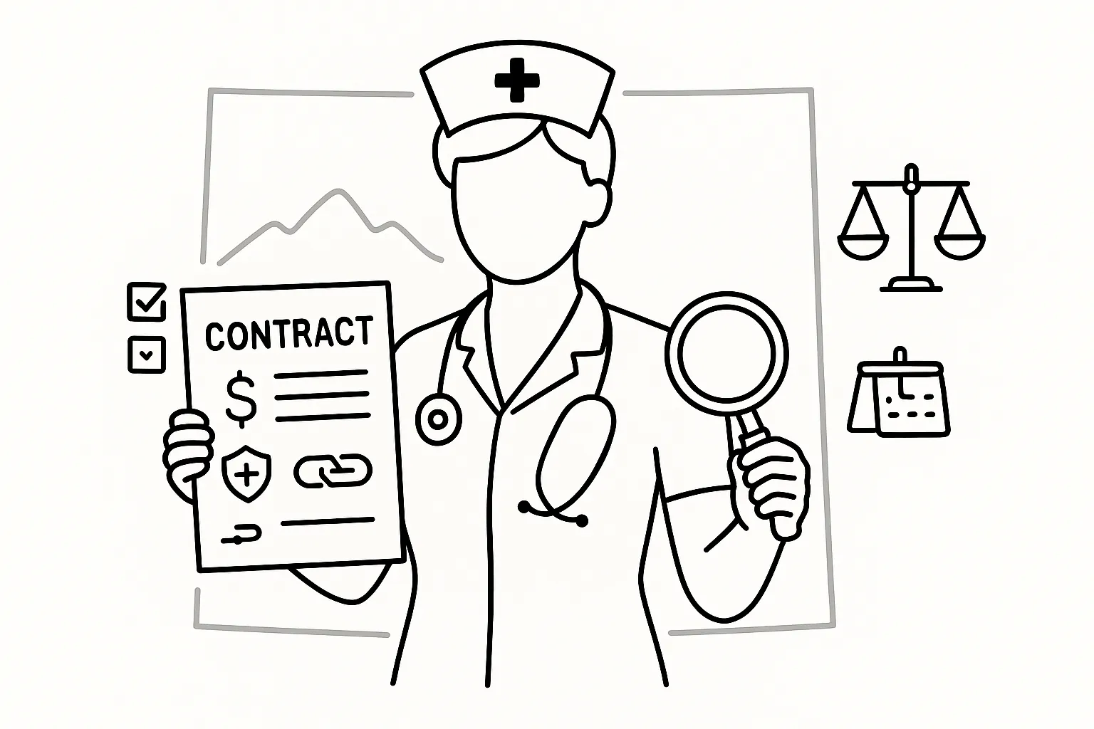 Nurse practitioner examining a contract with legal and financial icons, Colorado outline of Colorado Nurse Practitioner Contract Review.