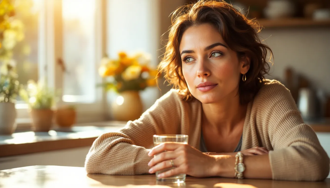 Woman holding a glass of water thoughtfully at a sunlit kitchen table.