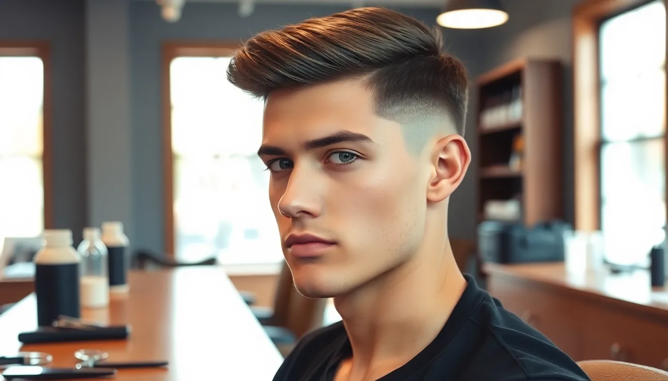 young man with straight hair showcasing a mid fade taper haircut.