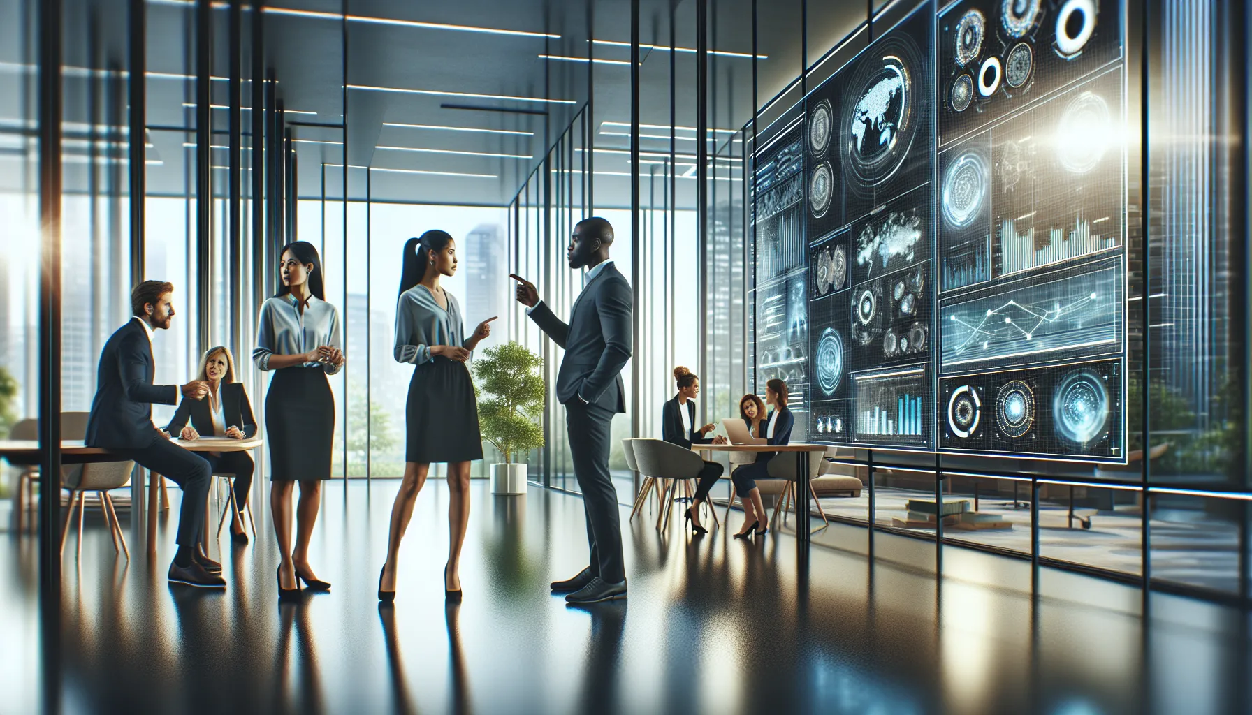 diverse professionals discussing innovative technologies in a modern office.