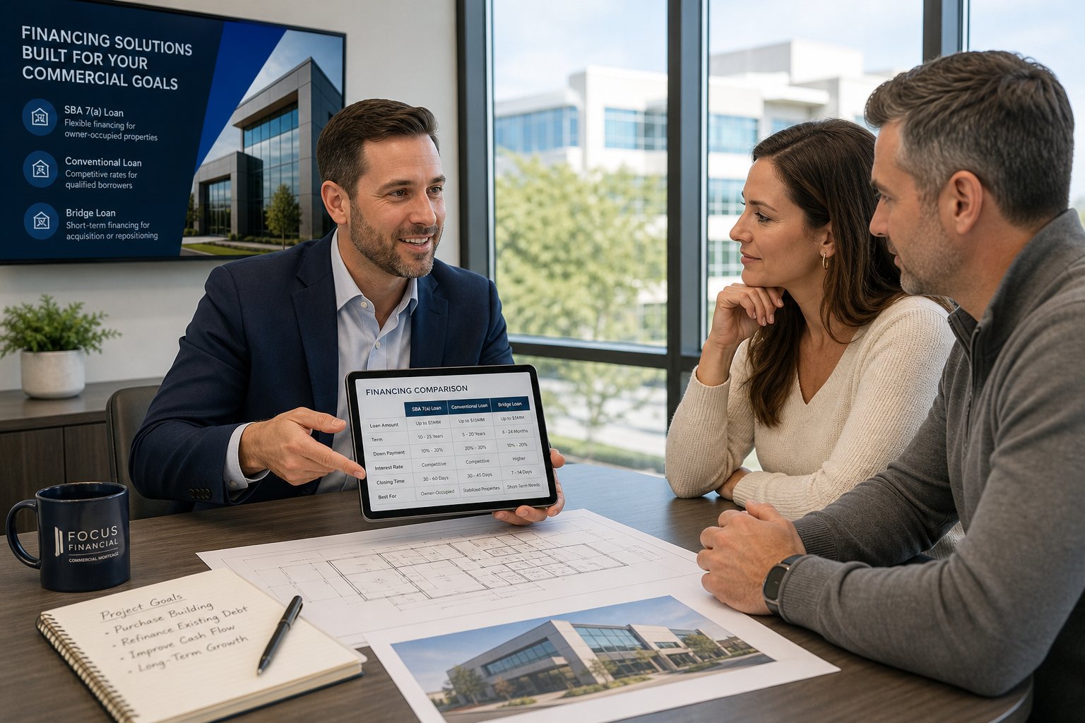 Commercial mortgage consultant presenting finance options to clients in a bright meeting room.