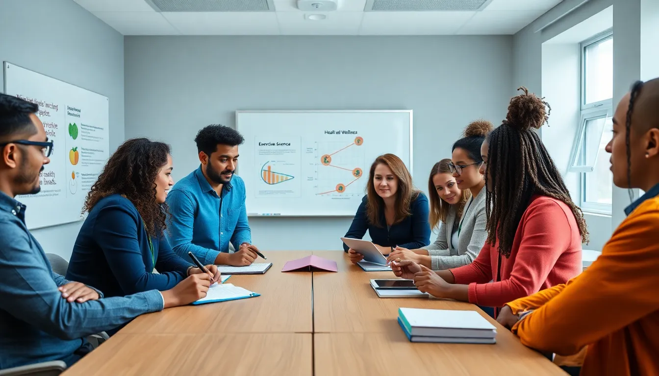 diverse group discussing health and wellness in a modern classroom.
