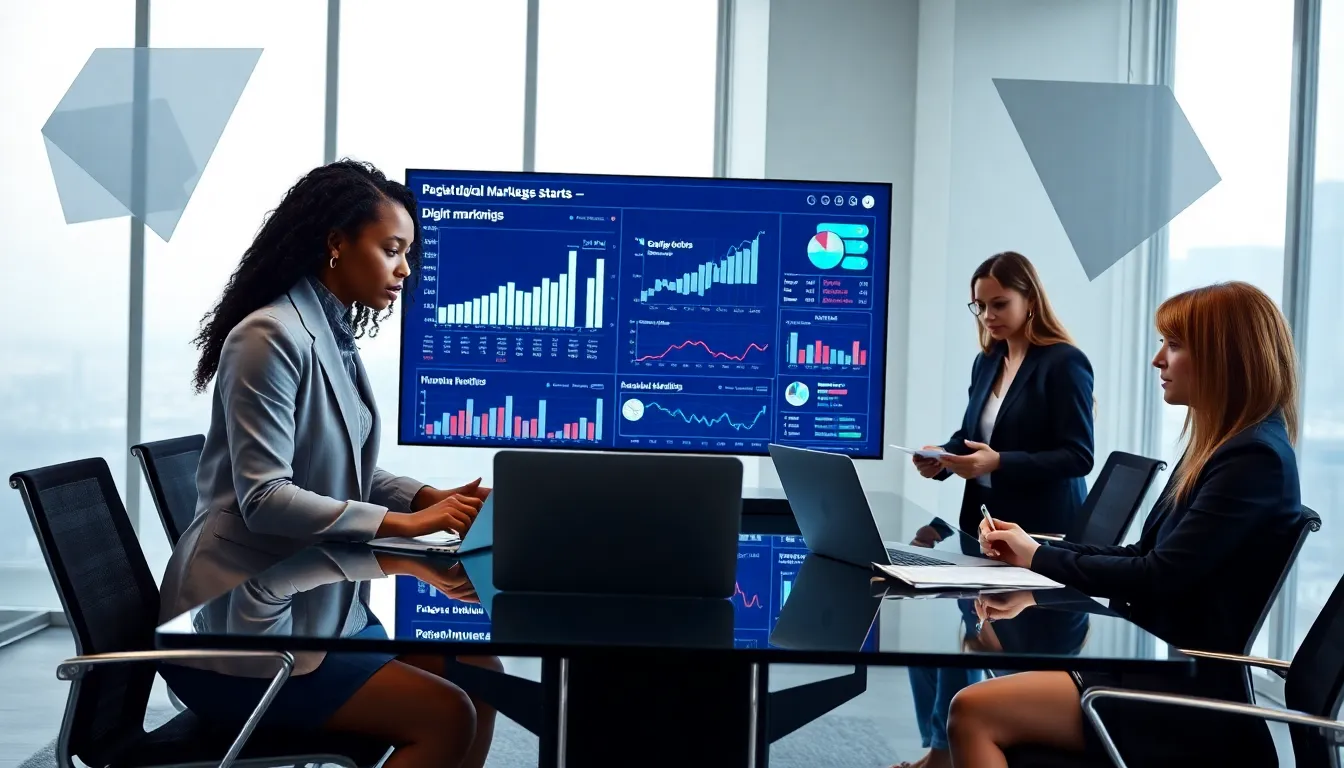 diverse team collaborating on digital marketing strategies in a modern office.