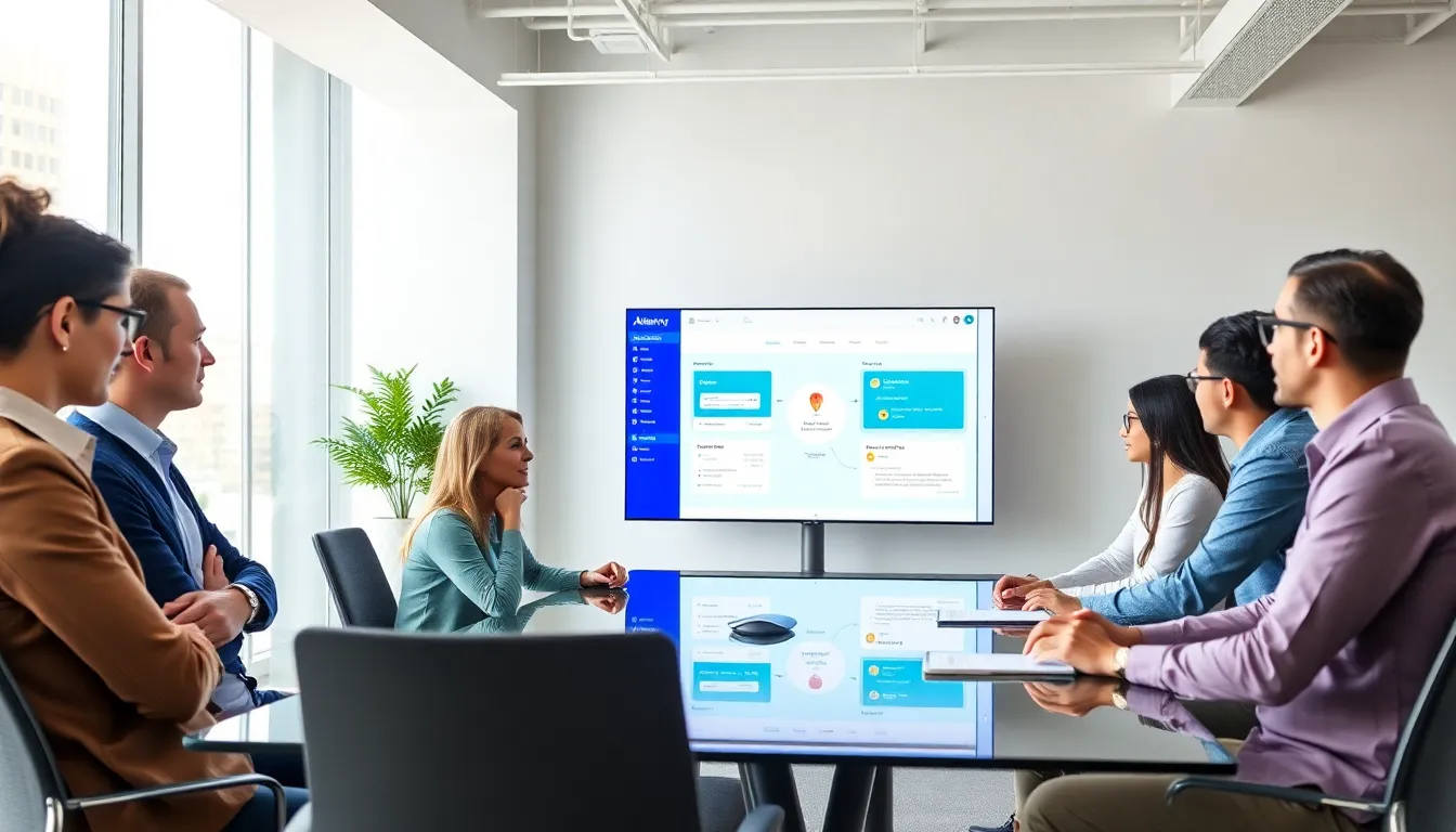 diverse professionals discussing software integration in a modern office.