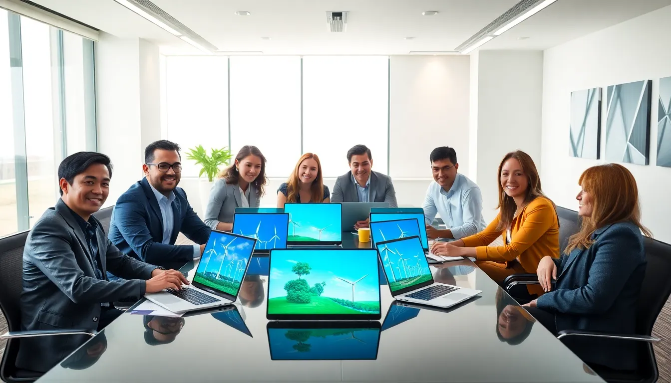 diverse team discussing renewable energy solutions in a modern office.