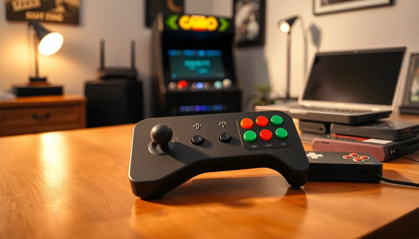 Retro gaming stick on a wooden surface with nostalgic gaming elements.
