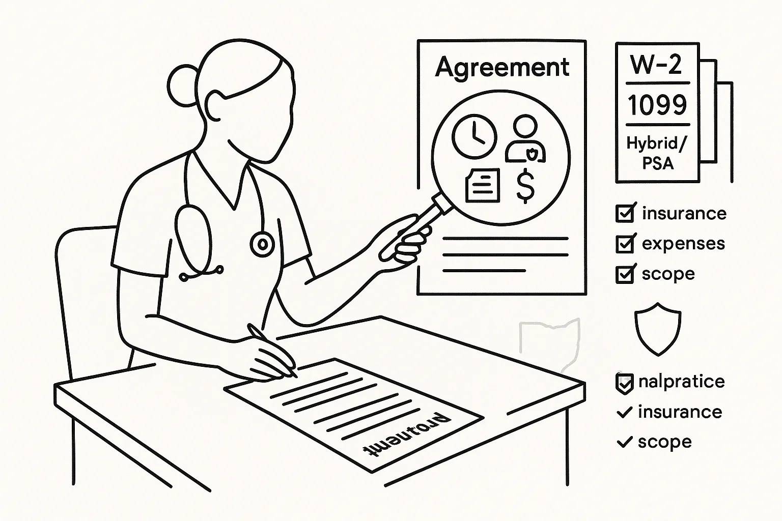Nurse practitioner at desk examining contracts labeled W-2, 1099, and Ohio Nurse Practitioner Contract Review.